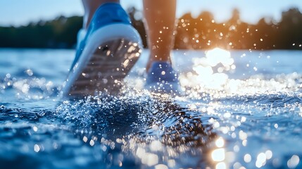Runner splashing through shallow water at sunset, creating dynamic water droplets and reflective light patterns on lake surface.