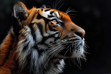 Obraz premium Majestic Sumatran tiger head in profile against dark background, showcasing detailed fur texture, striking orange and black stripes, and intense gaze looking upward.