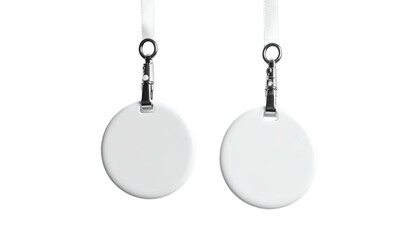 Two round, white, blank tags hanging against a black backdrop