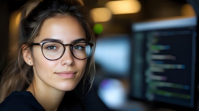 Young female programmer with glasses working late at office, computer code visible on screen in background. Professional software developer.