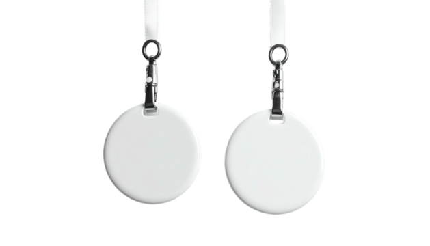 Two round, white, blank tags hanging against a black backdrop