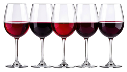 Five wine glasses, varying fill levels, red liquid, studio shot