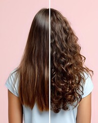 Fototapeta premium Before and after hair styling comparison showing straight brown hair transformed into voluminous curls against pink background, demonstrating salon treatment results.