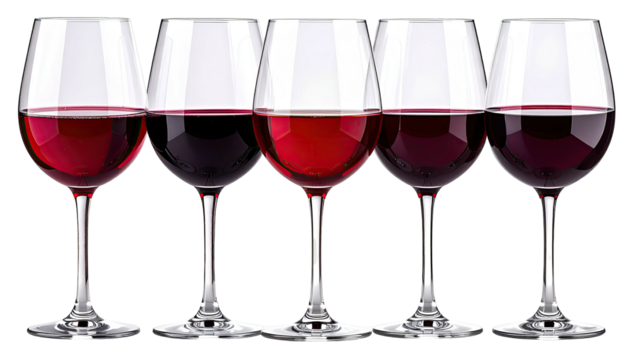 Five wine glasses, varying fill levels, red liquid, studio shot