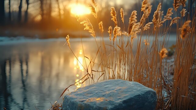 Golden reeds and grasses along tranquil lake at sunset with sunlight reflecting on water surface and illuminating frost-covered stone in foreground.