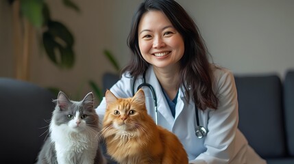 Asian female veterinarian in white coat with stethoscope holding two cats - gray and white, and orange tabby - in cozy clinic environment with plants.