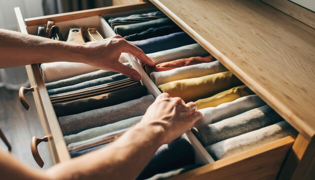 Hands organizing neatly folded clothes in a wooden drawer with dividers