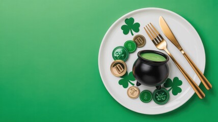 St patrick's day themed plate with pot of gold coins and gold cutlery on a green background