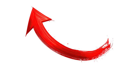 Red, curved arrow points upwards, stylized as brushstrokes