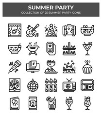 25 Summer Party Icons. A vibrant collection of summer party themed vector line icons