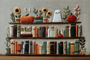 Autumn bookshelf embroidery with sunflowers, pumpkins, cute ghost, and colorful books arranged on wooden shelves with botanical elements.