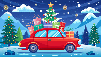 Very beautiful red vintage Christmas car carrying a decorated Christmas tree on its roof, festive holiday illustration with snowflakes and cheerful winter atmosphere.