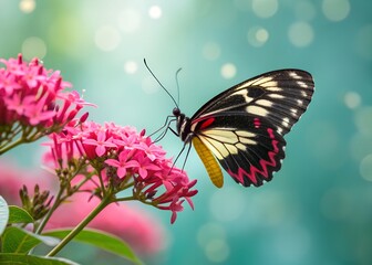 Obraz premium Colorful butterfly resting gently on bright pink flowers in a serene garden scene
