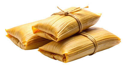 Stacked, wrapped corn husk bundles tied with string