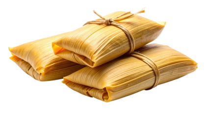 Stacked, wrapped corn husk bundles tied with string