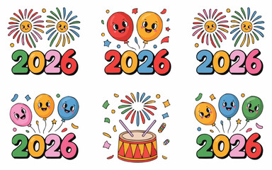 Obraz premium Celebrate the Year 2026 with Fun and Festive Designs Featuring Smiling Balloons, Colorful Fireworks and a Cheerful Drum Set, perfect for new year greetings