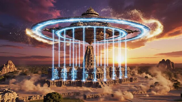 Ancient Hindu Aliens Conceptual Vimana Spaceship Hovering Over Historical Temple, UFO Conspiracy Theory Artwork for Stock Photography