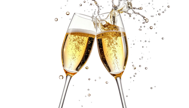 Toasting glasses, liquid frozen mid-air, black backdrop