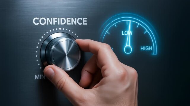 Confidence adjustment knob with hand turning metal knob and digital gauge from low to high level symbolizing workflow automation and AI agent success
