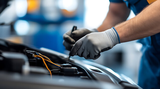 Gloved hands meticulously work on a car's engine, focusing on the intricate wiring. The backdrop is a blurred garage scene, emphasizing the repair process in action.