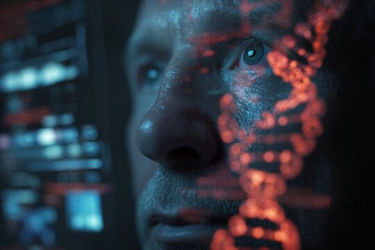 Exploring genetic frontiers: analyzing dna in dimly lit expert rooms. Economic indicators. Shadowy room and sprawling displays: specialists delve into dna patterns. Analytics dashboard.