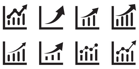 Growth icon set. Containing arrow up, growing graph, business chart icons. Vector illustration.