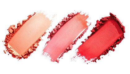 Three coral-hued powder swatches isolated on a black background
