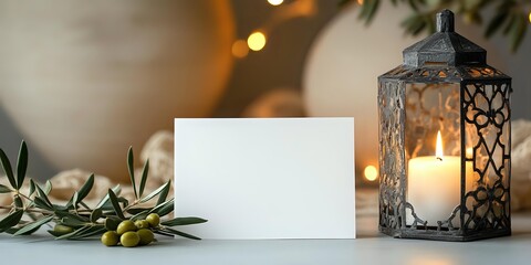 Festive lantern with glowing candle and blank card surrounded by olive branches and soft-focus ornaments. Holiday greeting concept.
