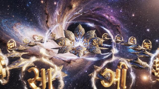 Ancient Hindu Aliens Depiction of Mythical Vimana UFOs and Celestial Lotus, Conspiracy Theory Concept