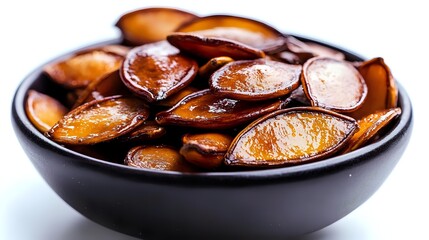 Fototapeta premium Roasted pumpkin seeds in black ceramic bowl on white background, nutritious snack rich in protein and minerals for healthy eating.