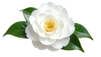 Elegant white flower with yellow center and dark green leaves