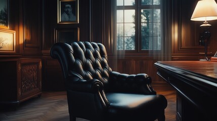 Elegant leather chair in an office at sunset, suitable for a professional background
