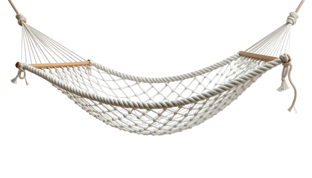 Woven hammock made of thick white rope hangs against black