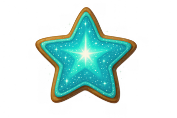 Shining star cookie with sparkling turquoise icing, a sweet holiday dessert, transparent background