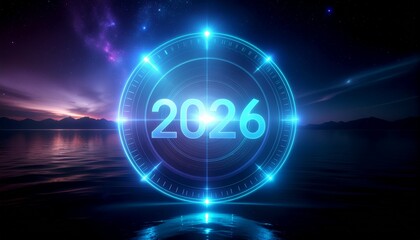 Futuristic new year 2026 concept with a glowing blue digital interface over a serene water landscape at twilight