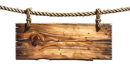Rustic wooden sign hanging from rope. Aged, weathered texture