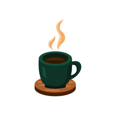 A steaming glass of warm coffee in a green glass on a wooden coaster