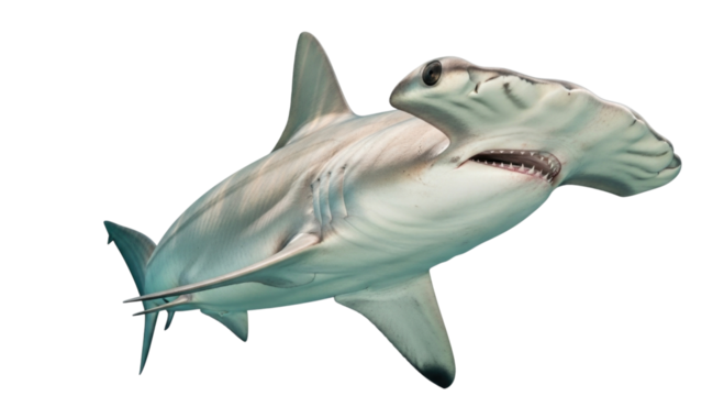 A majestic great hammerhead shark with its distinctive head shape swims gracefully isolated on a transparent background isolated on transparent background