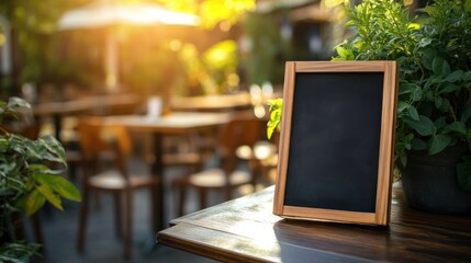 Outdoor cafe blank menu board sunny day
