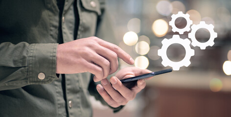 Businessman and blue gear icon on screen. Concept of the mechanism