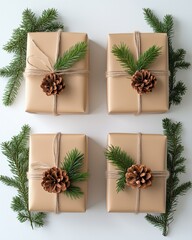 Minimalist Christmas flat lay of handmade gifts, pine sprigs, and kraft paper on white background 