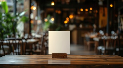 Menu card on wooden table in restaurant setting. Empty tables and warm lights