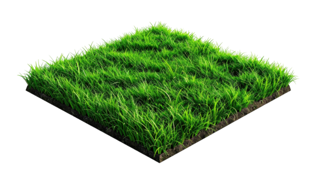 Square patch of lush, green grass with exposed dirt underside
