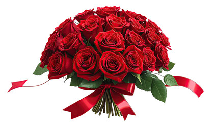 Red rose bouquet with ribbons, close-up on black background