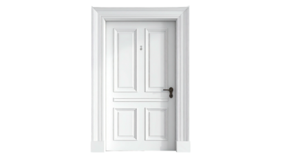 Clean, white door with paneled design and trim on black