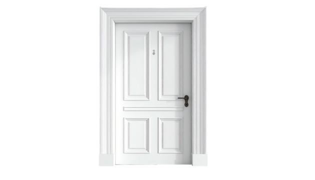 Clean, white door with paneled design and trim on black