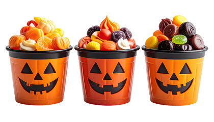 Three jack-o'-lantern pails filled with Halloween candy