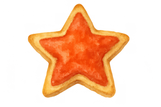 Star-shaped cookie with red jam filling, sweet dessert or snack, watercolor illustration, transparent background