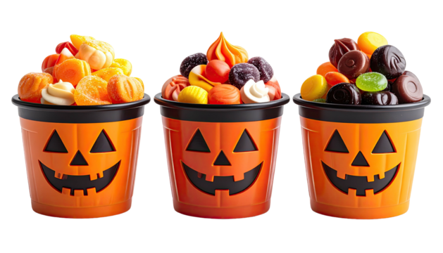 Three jack-o'-lantern pails filled with Halloween candy