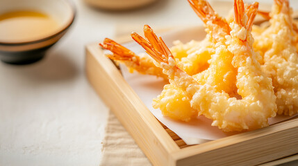 Golden shrimp tempura on a wooden tray, a testament to culinary artistry, offering a delectable experience. The light, airy batter provides a satisfying crunch.